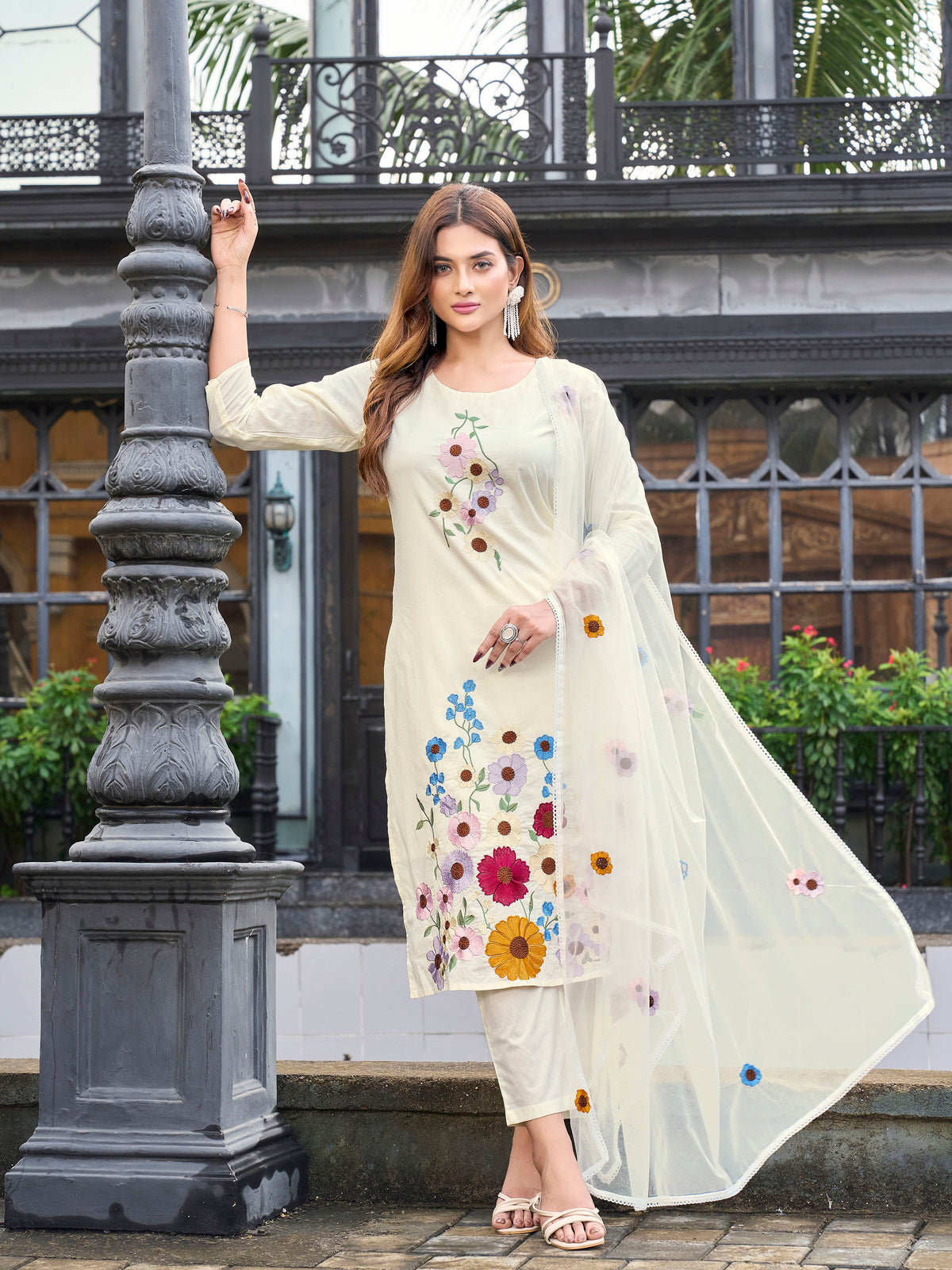 Off whithe color pur cotton with colourful thread embroidered kurta & trouser with dupatta set 