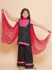 Girls Black Cotton Embroidered Kurta with Palazzos set & Dupatta