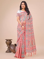 Elegant Pink Jacquard Linen Cotton Saree with Traditional Multicolor Weave & Tassel Pallu – Festive & Casual Wear for Women