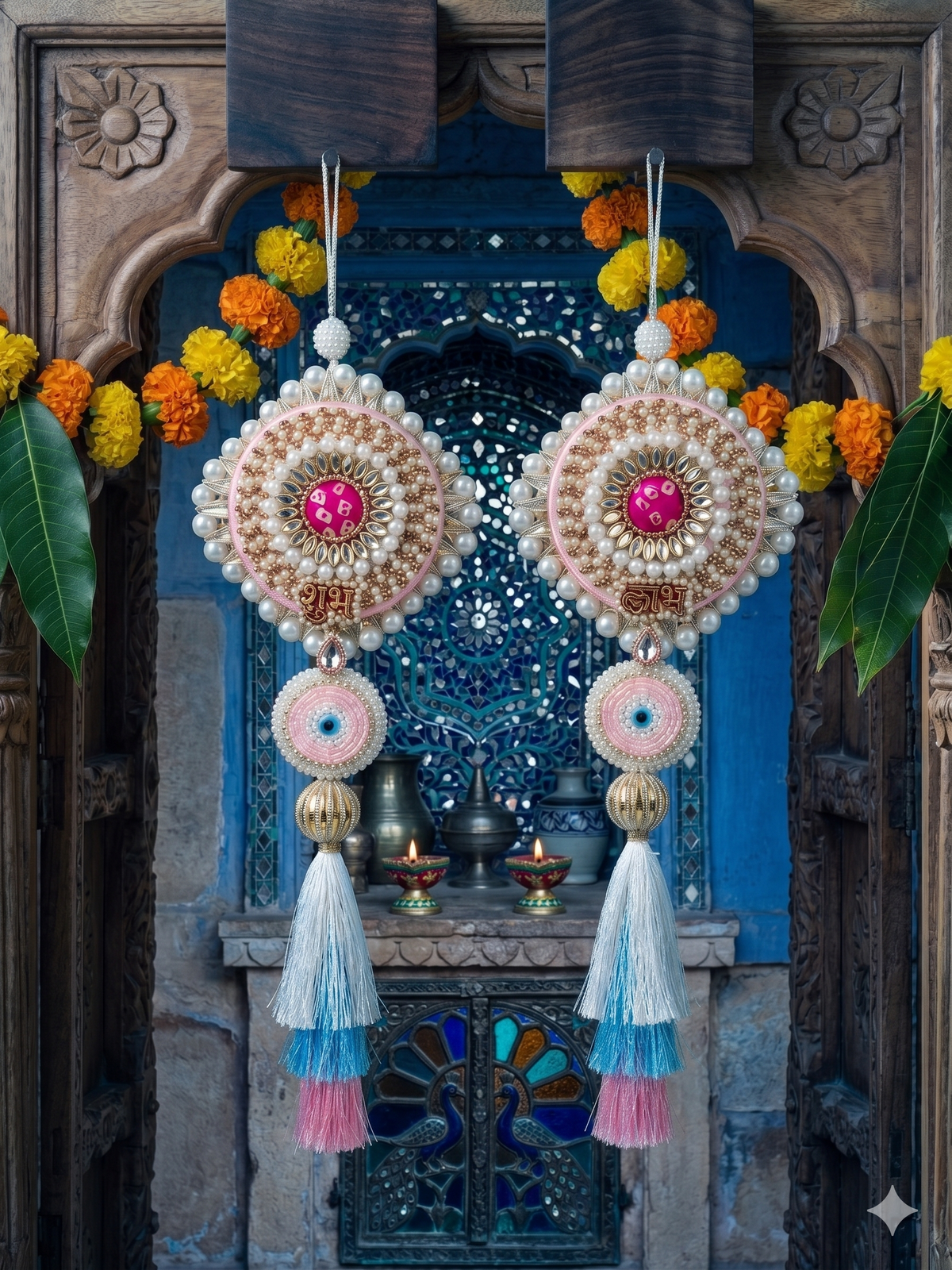 Shubh Shringar Creations- Shubh Labh Designer Hanging Set, Pastel Pink & Blue, Premium Beads & Kundan, Silk Tassels, 34 cm, Set of 2