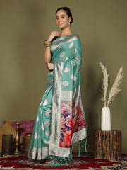 Green Floral Linen Cotton Saree with Zari Border & Digital Printed Pallu – Elegant Sari for Festive Occasions