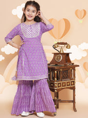 Girls Purple Printed Cotton Kurta with Sharara