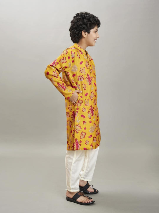 Boys yellow & red kurta with a white pajama