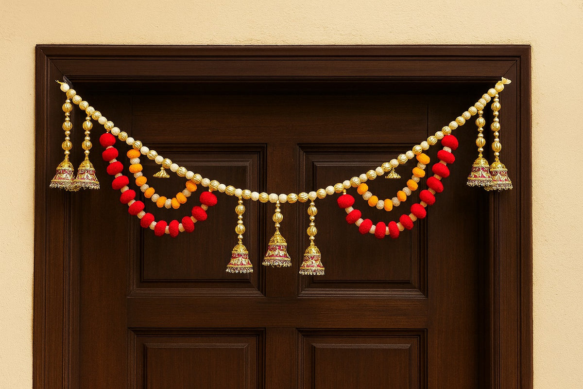 Decorative Beaded Toran with Pom-Poms and Jhumkas