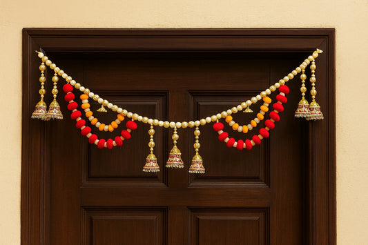Decorative Beaded Toran with Pom-Poms and Jhumkas