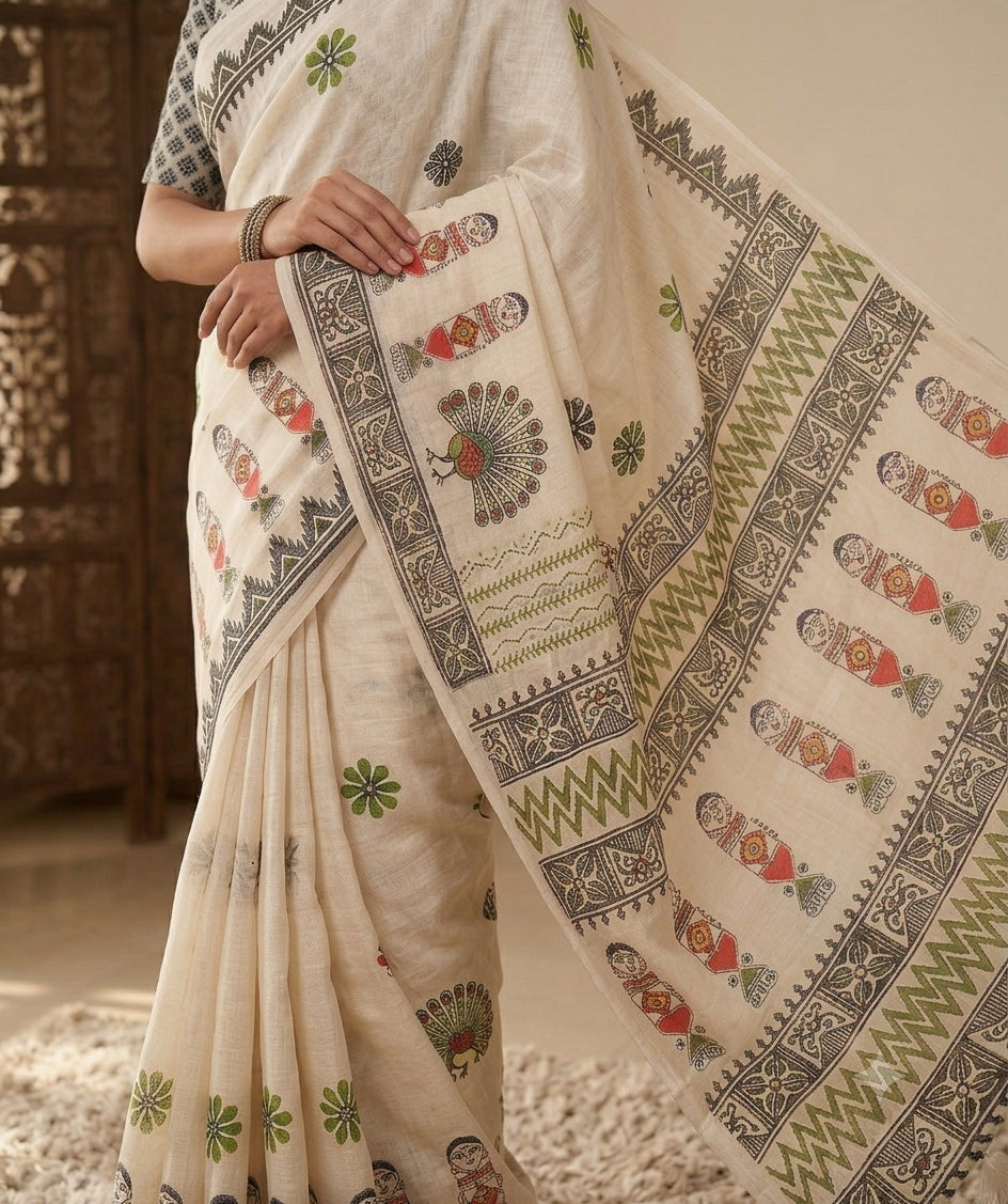 Soft linen saree with shaded style prints.
