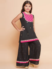 Girls Black Cotton Embroidered Kurta with Palazzos set & Dupatta