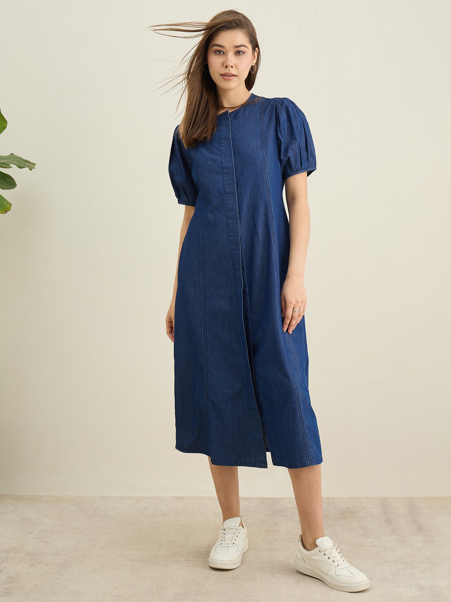 StyleStone Women's Denim Dress with Puff Sleeves