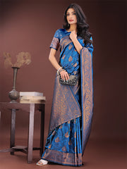 Majestic Royal Blue Banarasi Silk Saree with Golden Zari – Timeless Indian Ethnic Elegance for Weddings & Festive Occasions