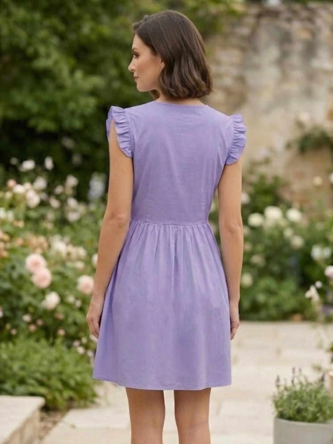 Lavender V Neck Cotton Smocked Dress-ADR-19898