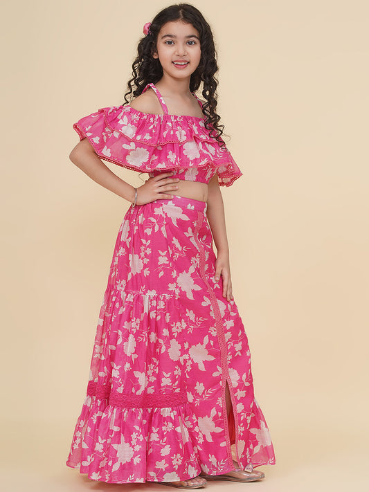 Girls Pink & White Printed Top Ready to Wear Skirt.