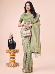 Graceful Pink Lichi Silk Saree with Contrast Blue Woven Border & Floral Zari Design – Wedding & Festive Wear