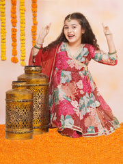 Silk blend Woven Three-Quarter Sleeves Floral Print Flared Kurta And Sharara With Dupatta Set - Maroon
