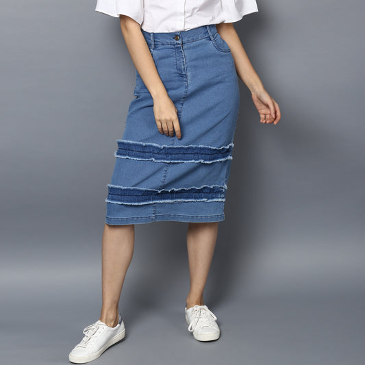 Women's Denim Distressed Strip Skirt