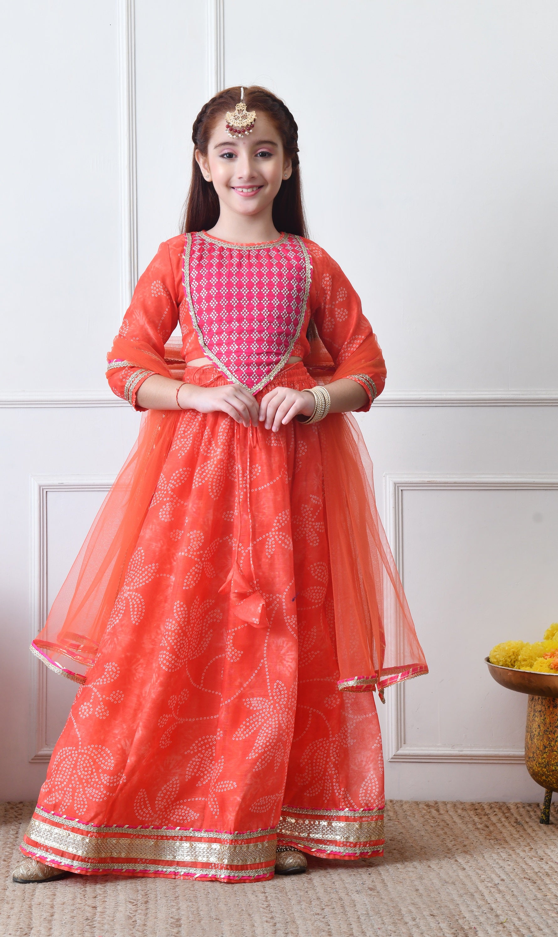 Girls Orange Printed Lehenga Choli Set with Dupatta