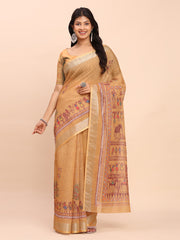 Soft Linen Cotton Saree for Women with Blouse | Elegant Cream Beige Saree with Peach Floral Print & Subtle Zari Border | Lightweight Daily & Festive Wear