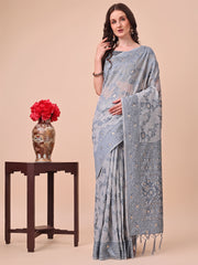 Banarasi Cotton Saree with Floral Zari Work and Traditional Pallu - Elegant Ethnic Wear for Festivals & Ceremonies