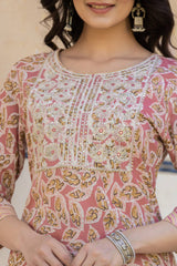 Women Pink Round Neck Floral Printed  Embroidered Kurta Paired With Bottom And  Dupatta