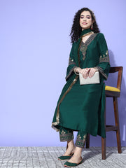 Women Green Embroidered Straight Kurta   Paired With Tonal Embroidered Bottom And With Tonal  Chiffon Dotted Dupatta