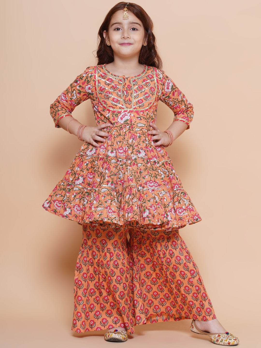 cotton Woven Three-Quarter Sleeves Floral Print Flared Kurta And Sharara Set - Peach