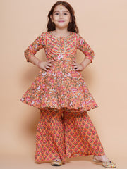 cotton Woven Three-Quarter Sleeves Floral Print Flared Kurta And Sharara Set - Peach
