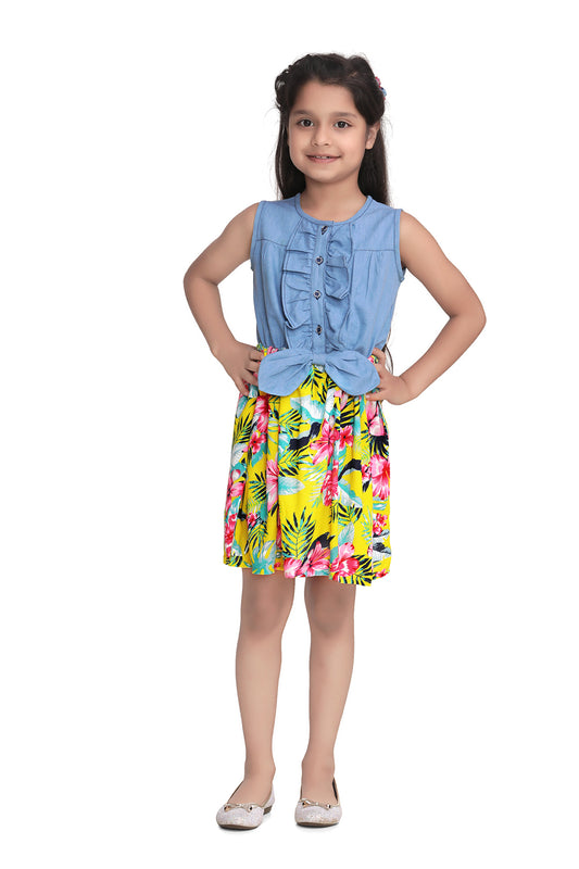Girls Denim and Floral Cotton Printed Dress