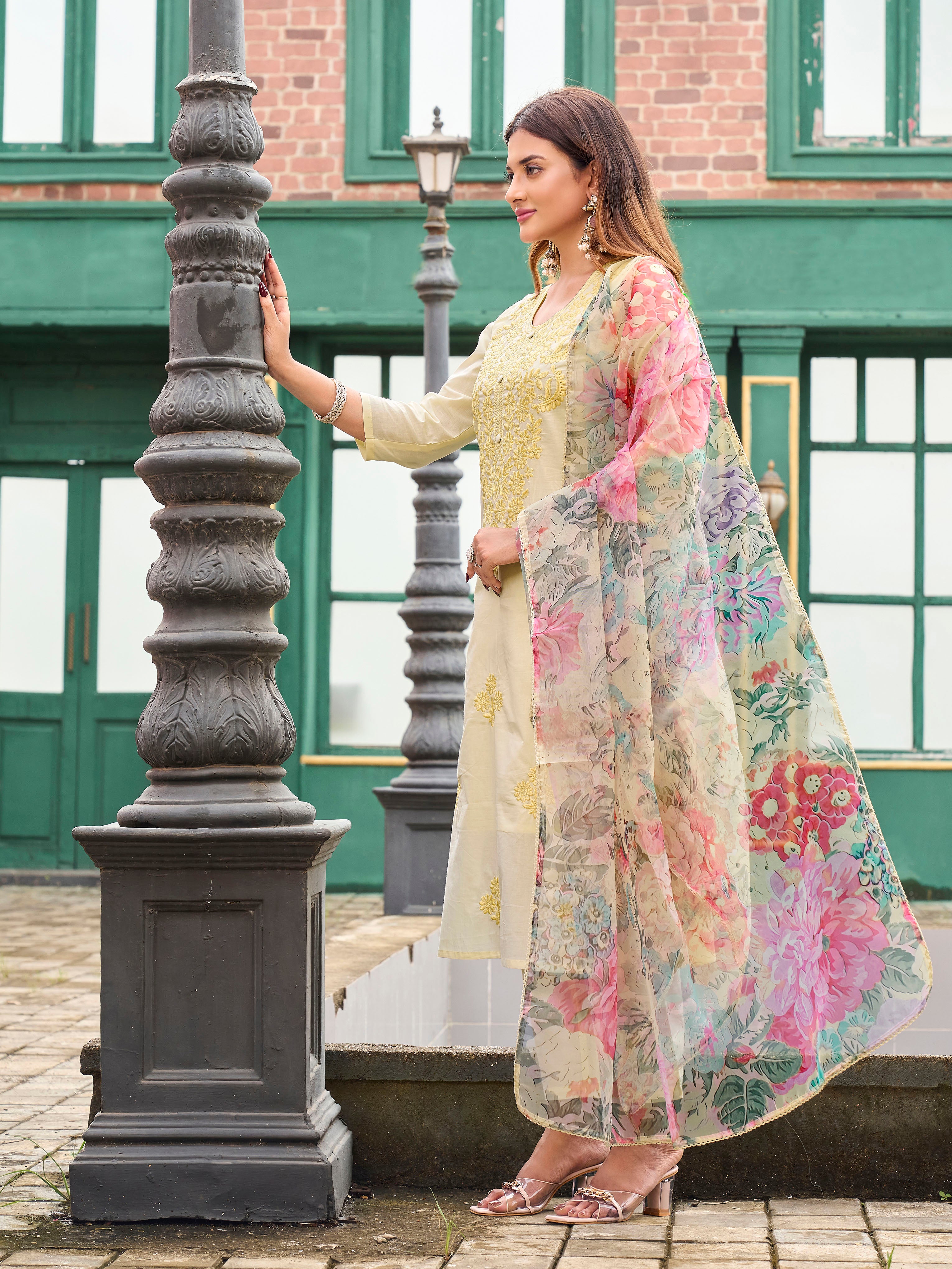Yellow color pure cotton with thread embroidered kurta & trouser with printed dupatta set 