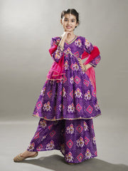 Girls Purple Ethnic motifs print design Kurta With Palazzos, Dupatta set