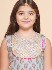 Girls Grey Pink Floral Printed Kurta With Sharara