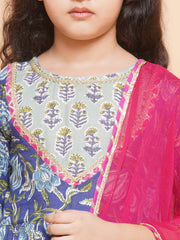 cotton Woven Three-Quarter Sleeves Floral Print Flared Kurta And Sharara With Dupatta Set - Blue