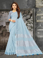 Elegant Peach Woven Linen Saree with Contrast Zari Border & Tassels – Soft & Breathable Party Wear