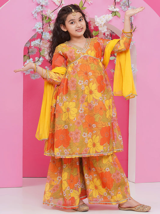 Girls Yellow Floral Printed Alia Design Kurta With Sharara With dupatta