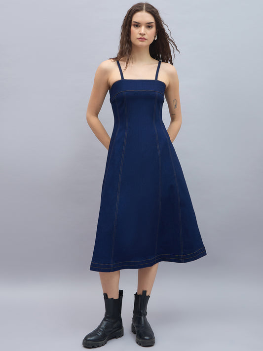 Women's Denim Midi Dress with Shoulder straps