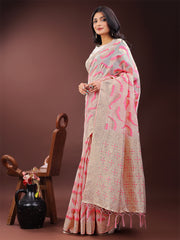 Elegant Beige & Coral Linen Saree with Zari Border and Abstract Pattern – Premium Festive & Office Wear