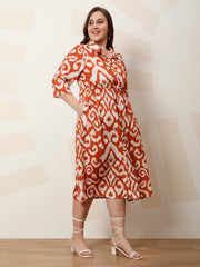 Women Printed Shirt Collar A-Line Midi Dress