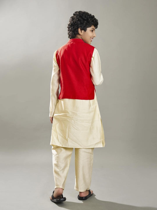 Boys off white kurta pajama with a red embroidery jacket