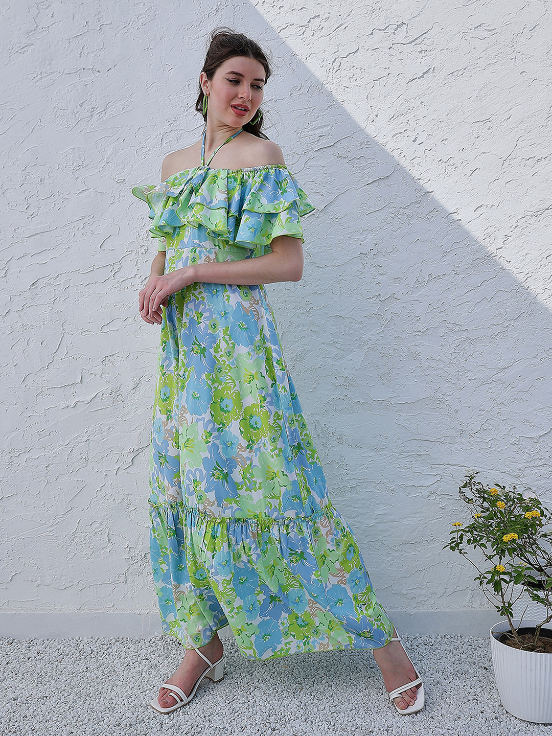 Green Floral Printed Halter Neck Tiered Gathered Crepe Maxi Midi Dress