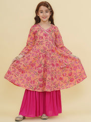 Girls Peach Floral Printed Angrakha Kurta with Sharara