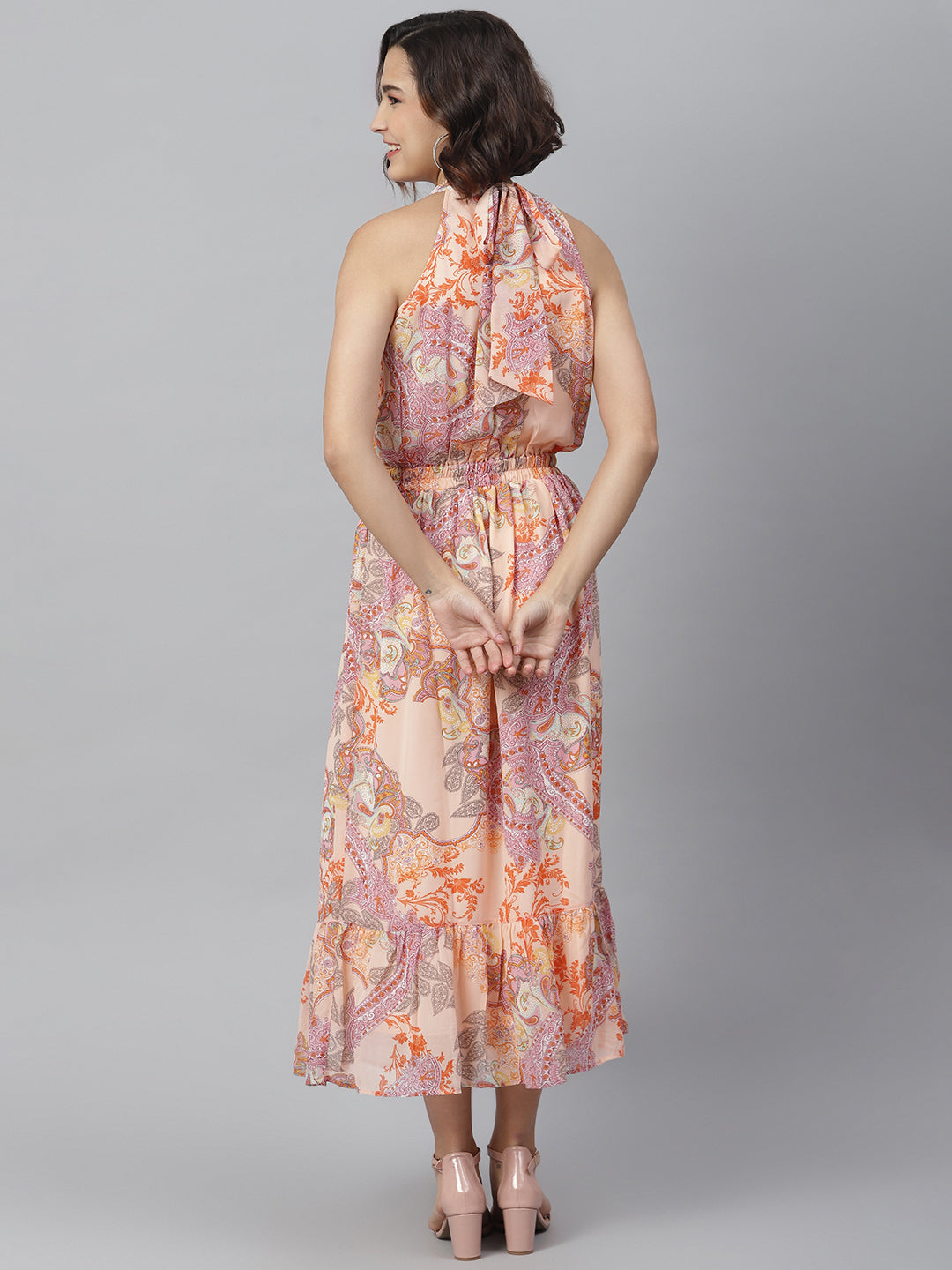 StyleStone Women's Peach Printed Maxi Dress