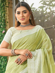 Linen Cotton Saree with Intricate Woven Border & Contrast Pallu | Soft Lightweight Traditional Drape | Tassel Edge | Unstitched Blouse Piece
