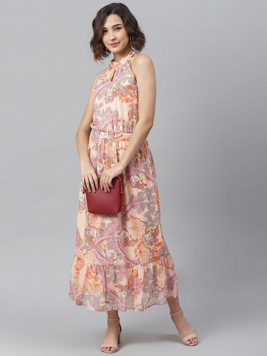 StyleStone Women's Peach Printed Maxi Dress