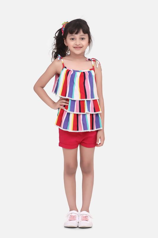 Girls Rainbow Striped Top with Pink Shorts Set
