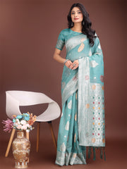 Elegant Olive Green Linen Cotton Saree with Zari Border & Woven Motifs – Perfect for Sophisticated Everyday & Festive Looks