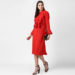 Women's Yellow Front Ruffle Bell Sleeve Dress