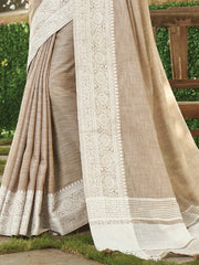 Linen Cotton Saree with Intricate Woven Border & Contrast Pallu | Soft Lightweight Traditional Drape | Tassel Edge | Unstitched Blouse Piece
