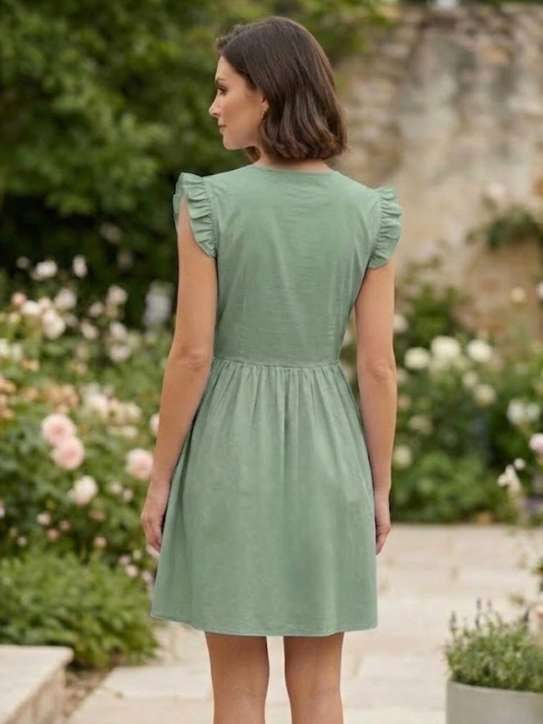 Green V Neck Cotton Smocked Dress-ADR-19897