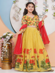 Girls Yellow Printededed Ready to wear Choli & Lehenga With Dupatta