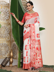 Premium Woven Linen Cotton Saree with Traditional Zari Border – Elegant Festive Look Perfect for Durga Puja, Navratri & Bengali Celebrations