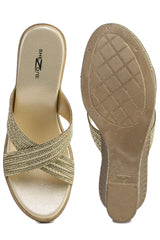 Gold Casual Wedge Open Back 3 inches Wedge Heels