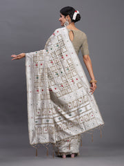 Sky Blue Linen Cotton Saree with Multicolor Elephant & Temple Motifs – Traditional Woven Pallu & Tassels
